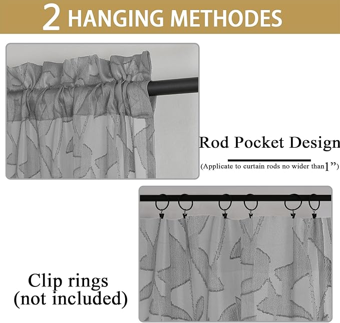 Gwine Charcoal Grey Sheer Curtain 54 Inch Length for Living Room 2 Panels, Light Filtering Leaf Jacquard Clip Textured Curtains for Bedroom, Soft Airy Farmhouse Rod Pocket Window Curtain, 42" Wx54 L