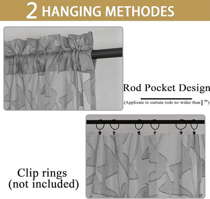 Gwine Charcoal Grey Sheer Curtain 54 Inch Length for Living Room 2 Panels, Light Filtering Leaf Jacquard Clip Textured Curtains for Bedroom, Soft Airy Farmhouse Rod Pocket Window Curtain, 42" Wx54 L