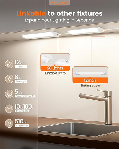 ALUSSO 12 Inch LED Under Cabinet Lighting Hardwired & Plug in 120V, 5CCT Color Selectable 2700K-5000K Dimmable 6W 510LM High Brightness, Strip Linkable Under Counter Lights for Kitchen Sink, 2 Pack