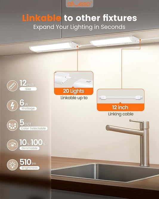 ALUSSO 12 Inch LED Under Cabinet Lighting Hardwired & Plug in 120V, 5CCT Color Selectable 2700K-5000K Dimmable 6W 510LM High Brightness, Strip Linkable Under Counter Lights for Kitchen Sink, 1 Pack