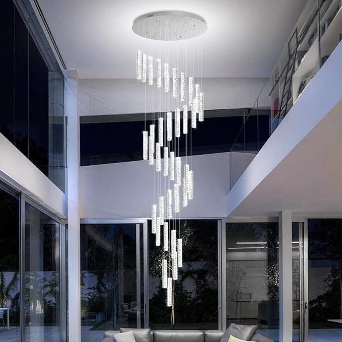 150in Long Crystal Chandelier Large Spiral Stair Chandeliers for High Ceilings Foyer Entryway Flush Mount Ceiling Lights 36-Light Silver LED Dimmbale