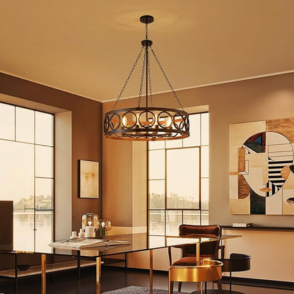 XINGQI Modern Farmhouse Chandelier 32.3" Large Drum 8 Lights Rustic Pendant Lighting Fixture for Living Room Dining Room Kitchen Island Bar Office, Round Metal Shade Black Wood Grain Finish