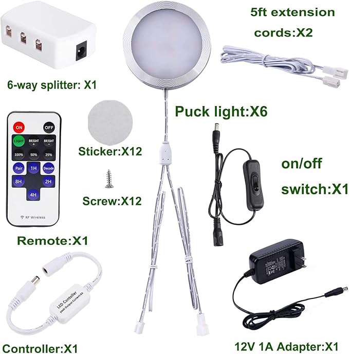 AIBOO Linkable Under Cabinet LED Lighting 12V Slim Aluminum Dimmable Puck Lights with RF Remote Control & UL Listed Transformer for Mood Lighting(6 Lights, Warm White)