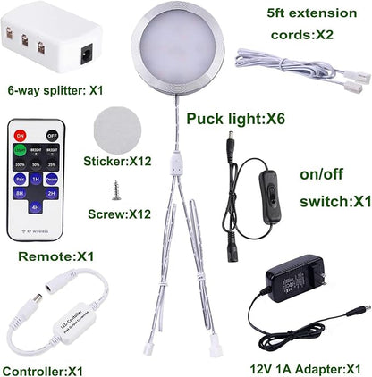 AIBOO Linkable Under Cabinet LED Lighting 12V Slim Aluminum Dimmable Puck Lights with RF Remote Control & UL Listed Transformer for Mood Lighting(6 Lights, Warm White)