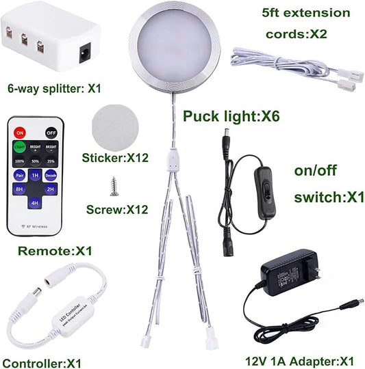 AIBOO Linkable Under Cabinet LED Lighting Kit 12V Slim Dimmable LED Puck Lights with Wireless Controller & UL Listed Wall Plug for Under Counter Lights, Display, Book Case Lighting(6 Pcs, 6000K)