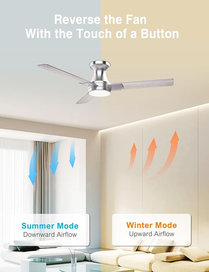 DAMINY 42 inch Ceiling Fans with Lights,3 Blades,6CCT, Low Profile Ceiling Fan with Light and Remote Control,Ceiling Fan for Bedroom, Kitchen,Indoor/Outdoor Use,Flush Mount-Nickel