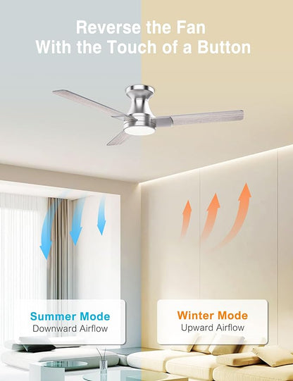 DAMINY 42 inch Ceiling Fans with Lights,3 Blades,6CCT, Low Profile Ceiling Fan with Light and Remote Control,Ceiling Fan for Bedroom, Kitchen,Indoor/Outdoor Use,Flush Mount-Nickel