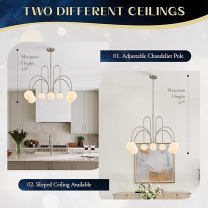 8-Light Brushed Nickel Modern Sputnik Chandelier Luxury Large L41”Mid Century Milk Glass Globe Ceiling Pendant Lighting for Foyer Living Dining Room Kitchen Staircase Foyer