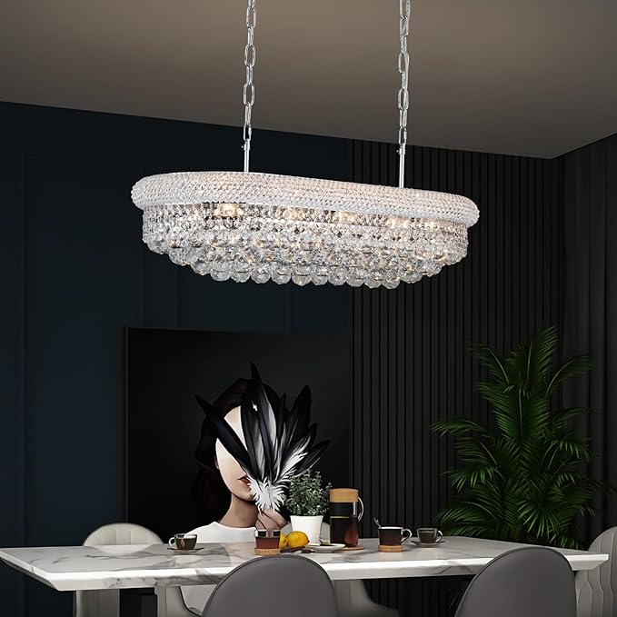 Crystal Chandeliers for Dining Room Light Fixtures Over Table, Modern Crystal Chandeliers for Kitchen lsland, 9 Lights Empire Style Chrome Luxury Lighting Fixtures for Living Room Bar L31 Inch