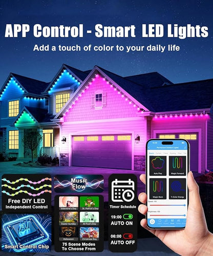 Permanent Outdoor Lights for House, 200Ft Smart RGB+IC Outdoor Decor Lights, 75 Scene Modes, APP & Remote Control, IP67 Waterproof, for Christmas, Daily & Holiday, House Roof Lighting