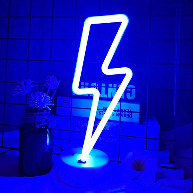 Lightning Bolt Neon Signs Lightning Neon Sign with Base for Bedroom LED Lighting for Room Decor for Teen Girls Gifts for Teenager Boys USB/Battery Cool Gaming Light with Holder(Blue)