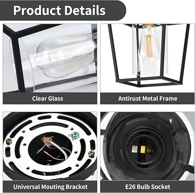 Melovom Clear Glass Semi Flush Mount Industrial Vintage Ceiling Light Fixtures, Black for Hallway, Porch, Dining Room, Kitchen