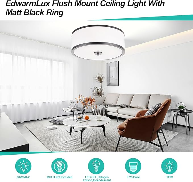 EdwarmLux 3-Light Flush Mount Ceiling Light Fixture, 12.6 " Drum Light with White Fabric Shade, Modern Close to Ceiling Light for Living Room Bedroom Dining Room Kitchen Hallway Entry (Matt Black)