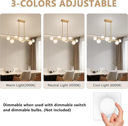 Jonsi Dining Room Light Fixture Over Table, Mid Century Chandeliers, Modern 8 Lights Globe Glass Linear Chandelier Adjustable Ceiling Hanging for Living Dining Room Kitchen Island, Gold