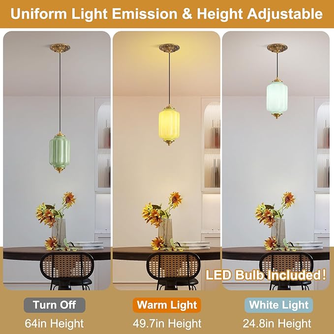 Green Glass Pendant Light, 5.5in Small Schoolhouse Light Fixture, LED Bulb Included, Vintage Art Deco Chandelier for Kitchen Island Dining Room Bedroom Hallway, Green & Antique Gold 1 Pack