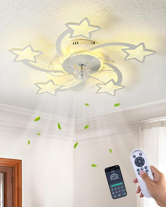 Yfrest Modern Ceiling Fan with Lights Remote Control, White Star Ceiling Fan with Light APP Control, 6 Speeds 3 Light Color Low Profile Ceiling Fan for Kitchen Bedroom