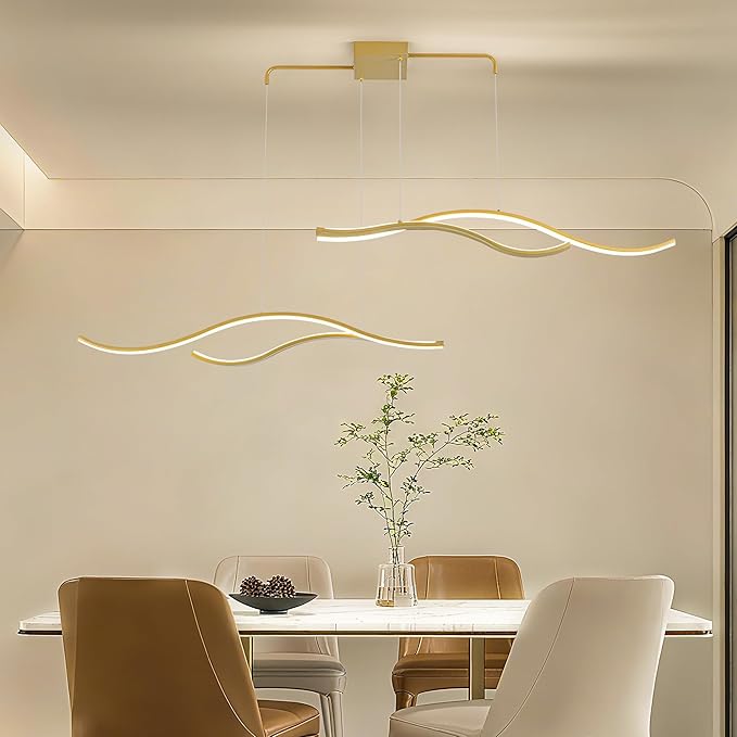 Mayful LED Chandelier, Modern Chandelier with Remote Control, Dimmable 3000K-6000K Adjustable Temperature, Height Adjustable Kitchen Island Pendant Light for Dining Room, Living Room Gold 64.2 inch