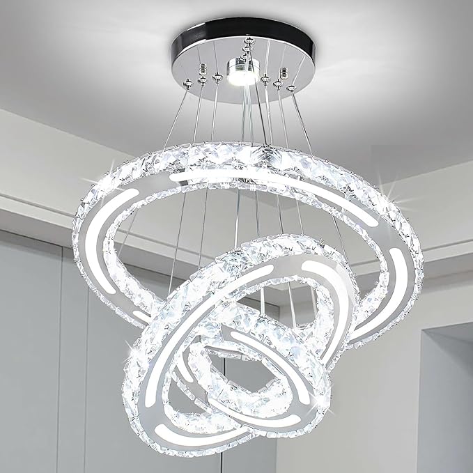 Chandeliers Modern Ceiling LED Fixture 3 Rings Adjustable Crystal Light Fixture Ceiling Hanging Pendant Light for Living Room Dining Bedrooms Hall 180mm Base 153 Crystals（White Light）