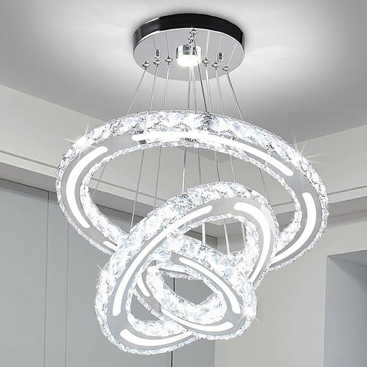 Chandeliers Modern Ceiling LED Fixture 3 Rings Adjustable Crystal Light Fixture Ceiling Hanging Pendant Light for Living Room Dining Bedrooms Hall 180mm Base 153 Crystals（White Light）