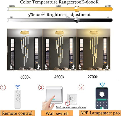 Modern 9-Lights Gold Crystal Column Chandeliers for Entrance Dimmable LED Pendant Lighting Hanging Lights for Dining Room Bedroom Foyer Staircase Living Room