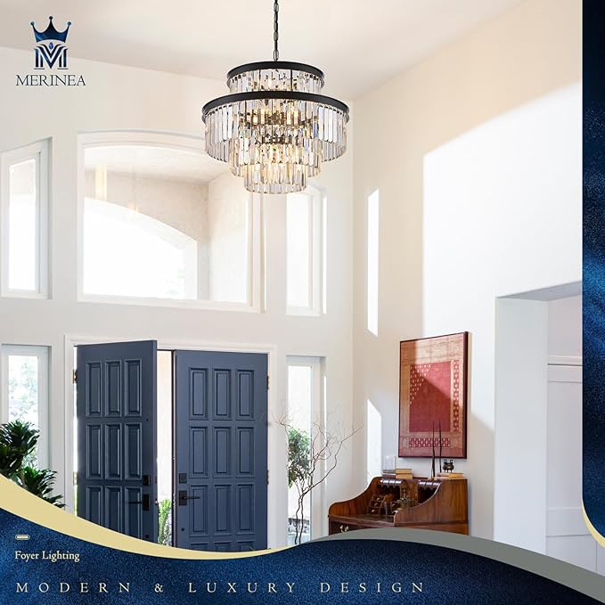 15 Lights Black Crystal Chandeliers 22" 4-Tier Luxury K9 Crystal Lighting Modern Round Ceiling Pendant Light Fixture for Living Room Dining Room Bedroom Kitchen Foyer