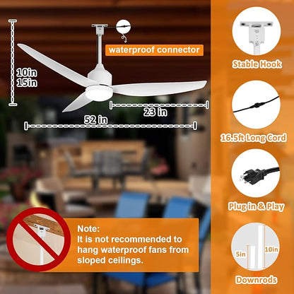 Depuley Outdoor Ceiling Fan with Light: 52 Inch Waterproof Gazebo Fans with Lights Outdoor Hanging - Plug in Remote App Control for Patio Indoor Farmhouse Porch - White 6 Speed Reversible DC Motor
