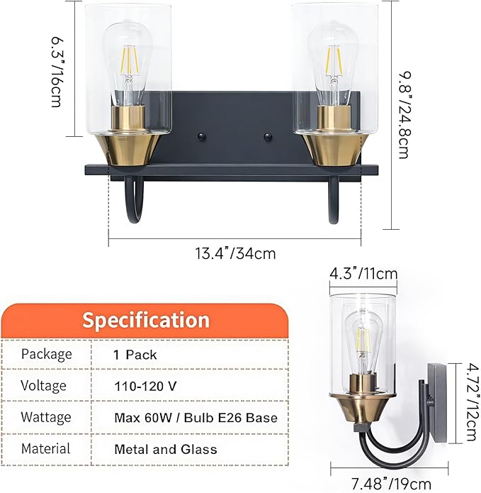 Bathroom Light fixtures, Black Gold Vanity Light, Black and Gold Wall Light Fixture with Clear Glass Shade,Modern Wall Lights for Mirror,Living Room (1, 2 Light)