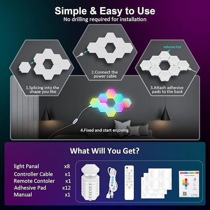 OJQ 8 Pack Hexagon Lights Wall RGB Panel - Hexagonal Led Lights Room Decor Wall Lights Gifts for Men/Women Honeycomb Shape Panels Hexagon Gaming Led Lights for Bedroom Children
