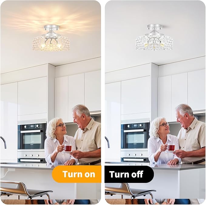 Daunton Brushed Nickel Semi Flush Mount Ceiling Light, 3-Light Ceiling Light with Hammered Glass, Vintage Hallway Light Fixtures, Kitchen Flush Ceiling Mount for Entryway Bedroom Bathroom,E12