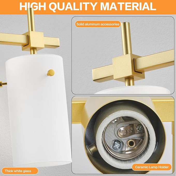 SOLFART Bathroom Light Fixtures, 4 Light Vanity Lights for Bathroom, Gold Wall Light with Milky White Glass for Mirror, Living Room, Hallway, Cabinet, E26 Base (Bulbs Not Included)