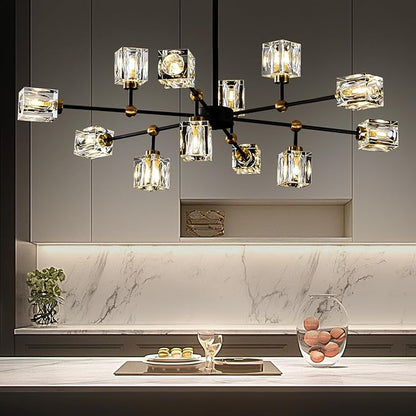 12-Light Black Crystal Chandelier Modern Sputnik Chandeliers for Dining Room Adjustable Height Sputnik Ceiling Light Fixture for Living Room Kitchen Island Bedroom