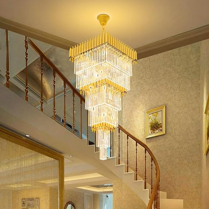 W24 x H80 Large Gold Chandeliers for High Ceiling, 15-Light Square Tiered K9 Crystal Raindrop Chandelier, Adjustable Height Luxury Pendant Light for Staircase, Villa Foyer, Entryway