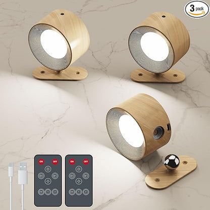 AKSDA 3Pack Battery Operated Wall Sconce, 3 Color Modes 3 Brightness Levels 360°Rotation Lighting Timer Touch & Remote Control, Wall Mounted Lamp LED Wall Lights for Bedroom Reading Bedside (Wood)