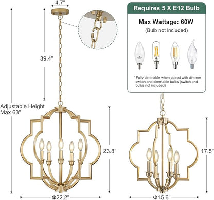 5-Light Gold Farmhouse Pendant Hanging Light Fixtures, 22" Rustic Globe Chandelier for Kitchen Island, Dining Room, Living Room, Hallway, Entryway