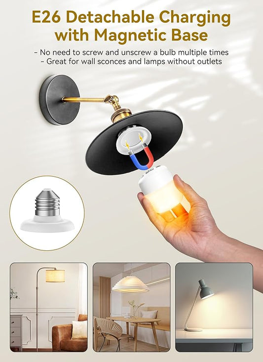 Minetom E26 Rechargeable Light Bulbs with Remote and Timer, Battery Backup Bulb with 12 Colors and Brightness Dimmable, 2300mAh 40W Equivalent LED Light Bulbs for Lamps Sconces Camping, 4 Pack
