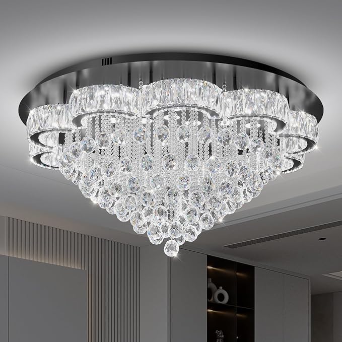 Flashing God 40inches Modern Crystal Chandelier for Living Room Round Ceiling Pendant Light Fixtures Luxury Flush Mount Chandelier for Entry Dining Room Bedroom