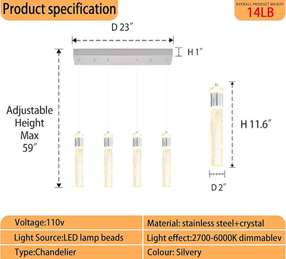 Dimmable Chrome 4-Light Pendant Lights Kitchen Island Modern LED Crystal Ceiling Light for Dinning Room Living Room 32W