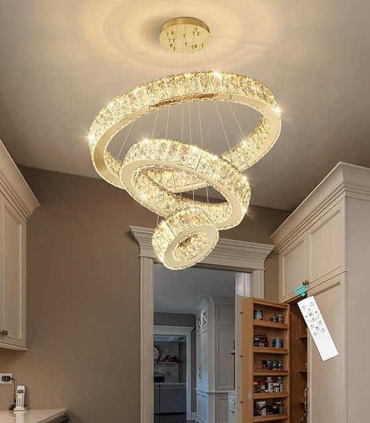 Modern Crystal Chandelier 36W Dimmable LED Ceiling Light Fixture with Remote Luxury Adjustable Pendant Light for Living Room Dining Room Gold