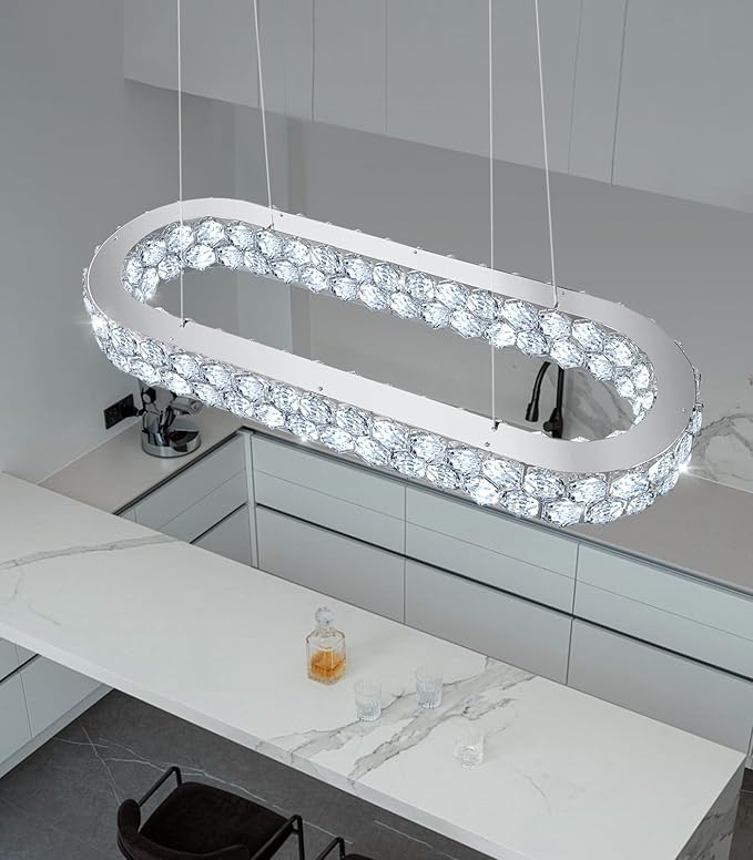 32'' Modern Oval Chandelier Crystal Chandeliers for Dining Room Round Ceiling Light Fixture for Living Room Lighting LED Dimmable with Remote Ring Lights Silver