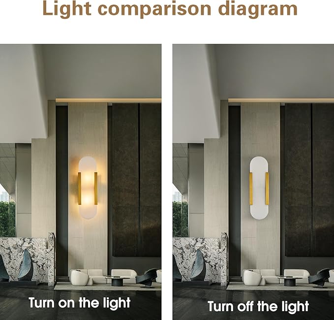 Fanyank-13.8in Alabaster Wall Sconce,Natural Marble Wall Lighting，Gold Wall Light Fixtures for Bedroom Stairs, Living Room, Vanity, Hallway Bedside(Bulb Included)