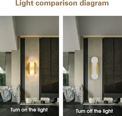 Fanyank-13.8in Alabaster Wall Sconce,Natural Marble Wall Lighting，Gold Wall Light Fixtures for Bedroom Stairs, Living Room, Vanity, Hallway Bedside(Bulb Included)