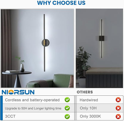 NIORSUN 34 Inch Battery Operated Wall Sconce Set of 2, Black-Gold Round Base Rechargeable Wall Lights with Remote, 3CCT Dimmable Wireless Wall Sconces for Living Room Bedroom Hallway