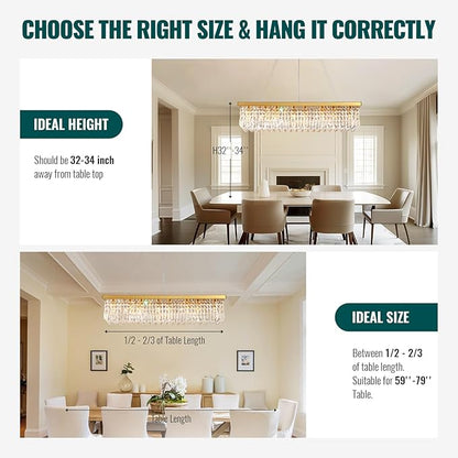 Siljoy 8-Light Modern Crystal Chandelier, 40'' Gold Rectangular K9 Crystal Raindrop Chandelier, Luxury Dimmable Crystal Ceiling Light for Living Dining Room Kitchen Island L40'' x W10'' x H10''