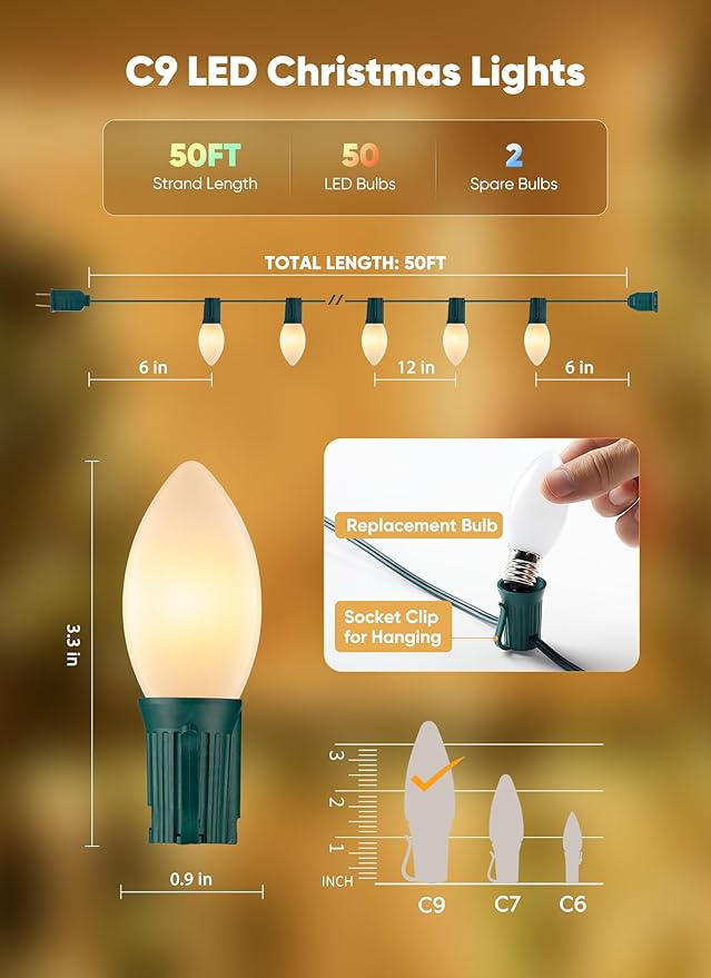 Vintage C9 LED Christmas Lights Outdoor, 50 Feet C9 String with 50 Shatterproof Matte Bulbs, Connectable Waterproof Tree Lights for Holiday Roofline, Backyard Garden Decor, Warm White