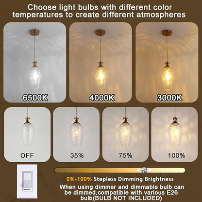 Glass Pendant Lights Kitchen Island Clear Glass Hanging Light Fixtures Farmhouse Brass Pendant Light for Kitchen Sink Dining Room, E26, Gold