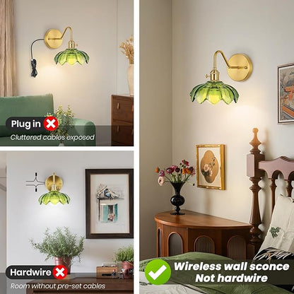 Vintage Glass Sconces Set of 2, Battery Operated Wall Light with Remote, Rechargeable Wall Sconces RGB, No Socket Required, Easy to Install, Vintage Wall Sconce for Bedroom, Hallway, Aisle
