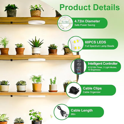 Indoor Plant Grow Lights, 180 LEDs Full Spectrum Grow Lamp, Plant Growing Light for Cabinets and Plant Shelf, with 6/12/16H Auto Timer, 3 Lighting Modes, 10 Brightness Levels, 3 Head 4.72 in