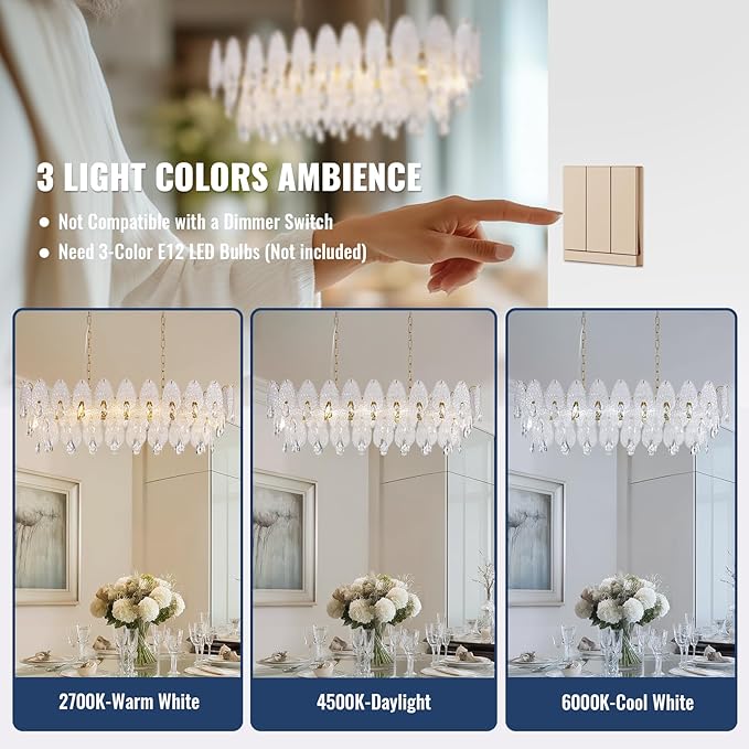 40-inch Gold Rectangle Chandelier for Dining Room,Modern Luxury Chandeliers,Linear Glass Pendant Hanging Lighting Fixture for Kitchen Island,L39.4'' × W13.8'' × H12.2''