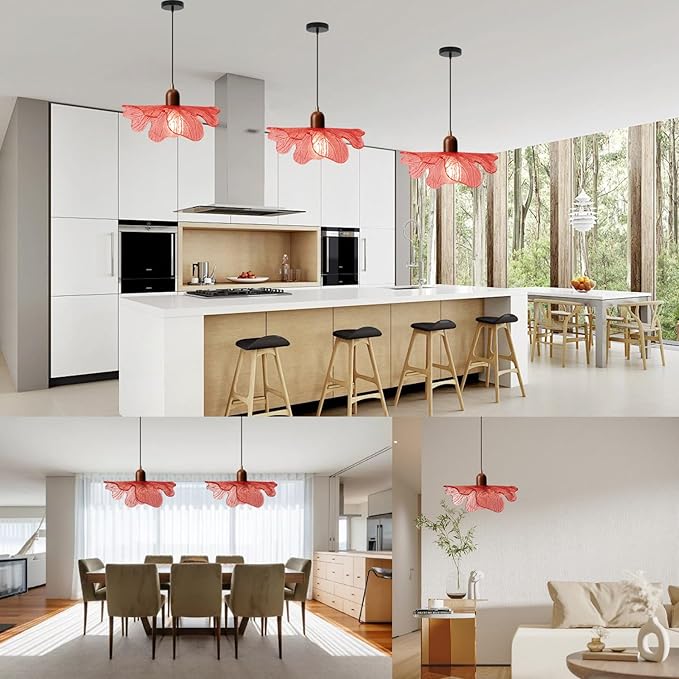 Modern Flower Pendant Light Fixture 13" Glass Hanging Light Wooden Chandelier Red Adjustable Pendant Lighting for Bedroom Dining Room Entryway