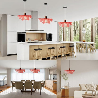 Modern Flower Pendant Light Fixture 13" Glass Hanging Light Wooden Chandelier Red Adjustable Pendant Lighting for Bedroom Dining Room Entryway
